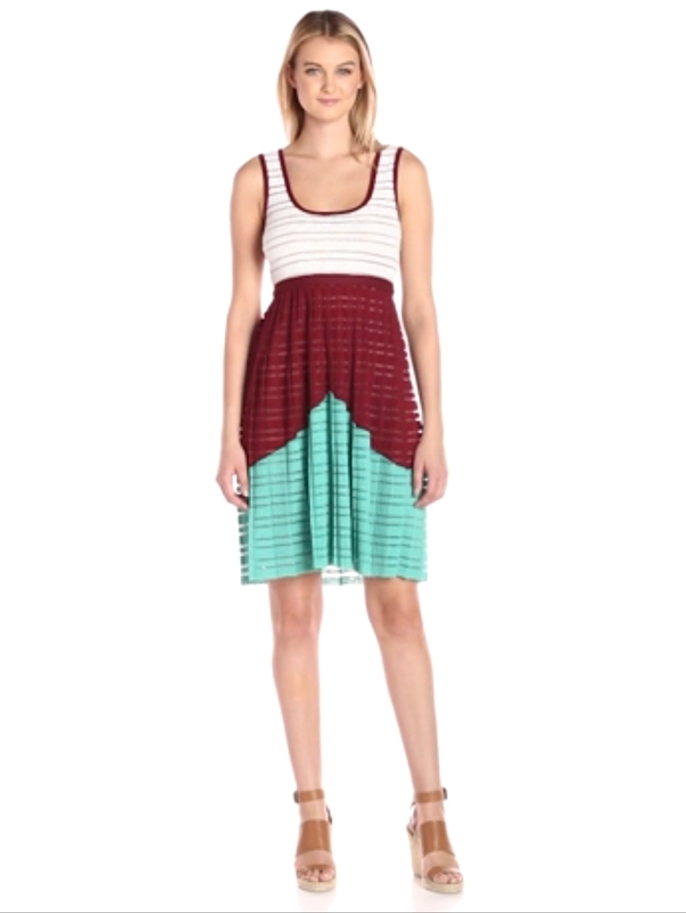 NWT Plenty by Tracy Reese Womens Devore Rib Maroon White & Mint Sleeveless Dress